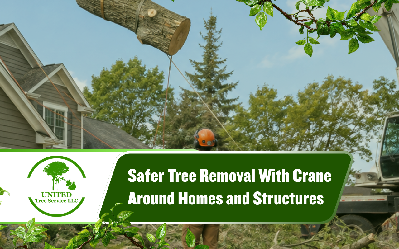 Tree removal with crane near a residential home
