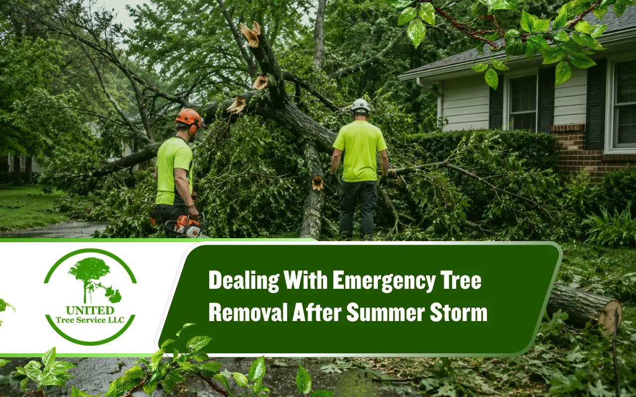 Emergency tree removal after summer storm in a damaged residential yard