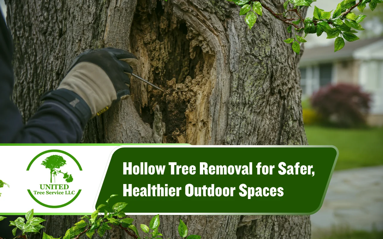 Hollow tree removal assessment showing warning signs in a damaged trunk