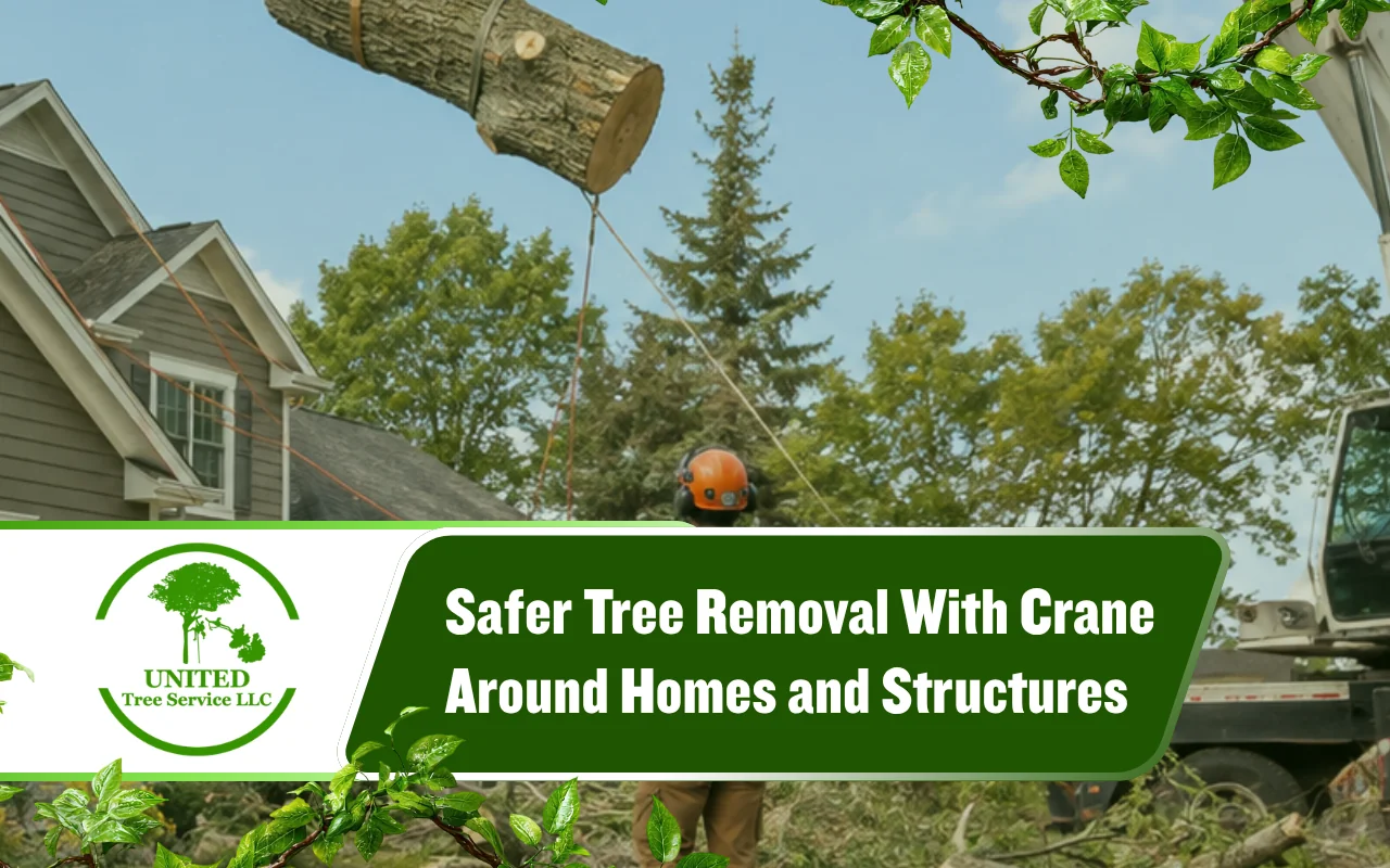 Tree removal with crane near a residential home